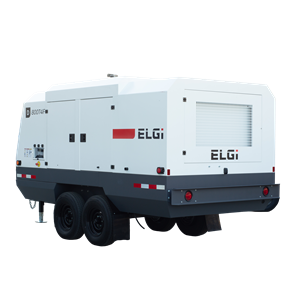 ELGi D Series tow-behind industrial air compressor rear view mounted on a four-wheel trailer for mobile field use.