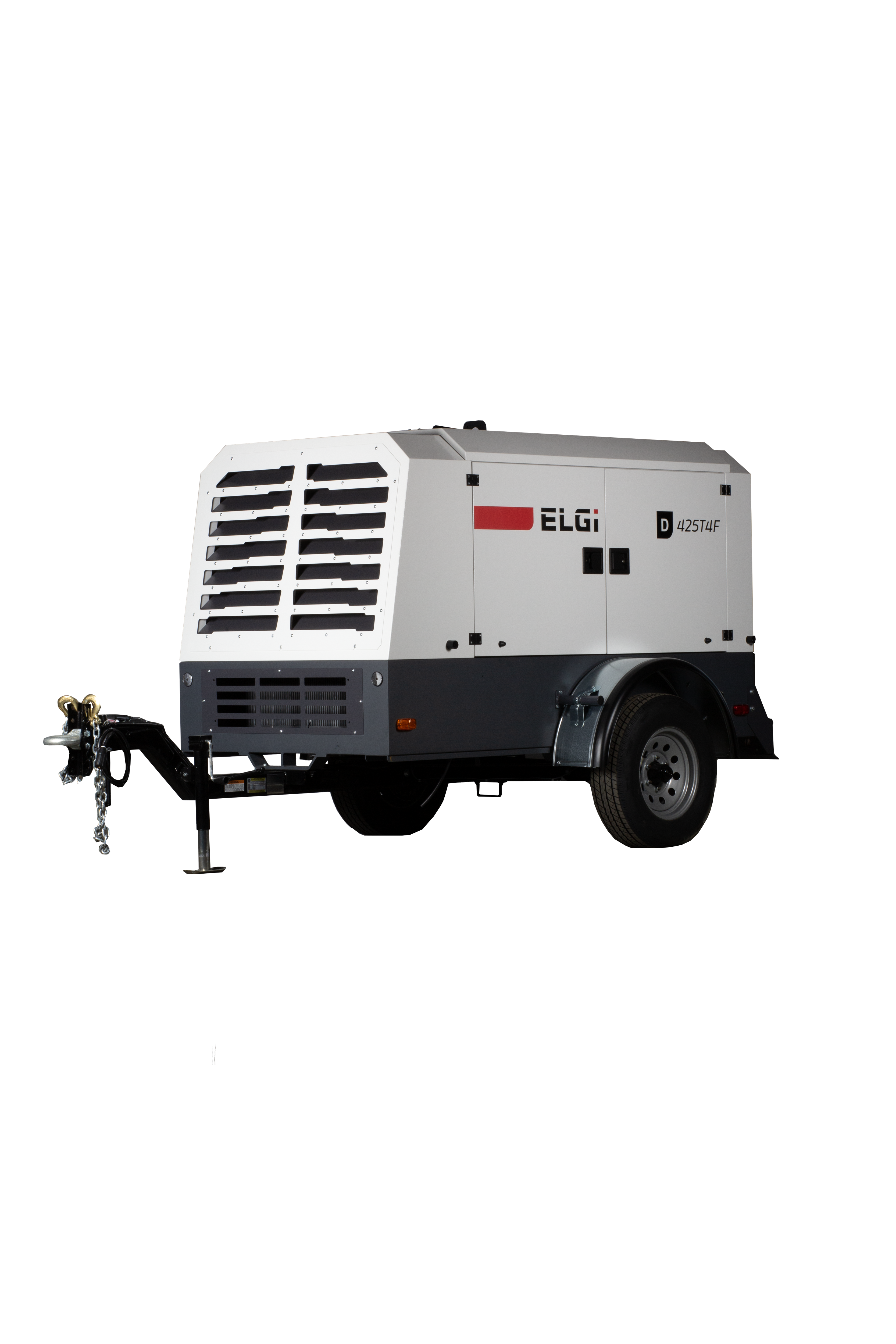 ELGi D Series tow-behind industrial air compressor with open side panel for maintenance access, mounted on a trailer for mobile field use.