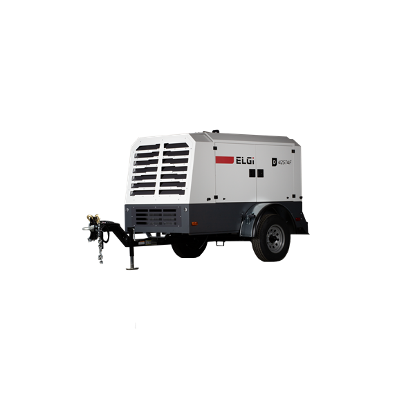 ELGi D Series tow-behind industrial air compressor with open side panel for maintenance access, mounted on a trailer for mobile field use.