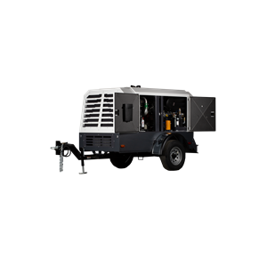 ELGi D Series tow-behind industrial air compressor with open side panel for maintenance access, mounted on a trailer for mobile field use.