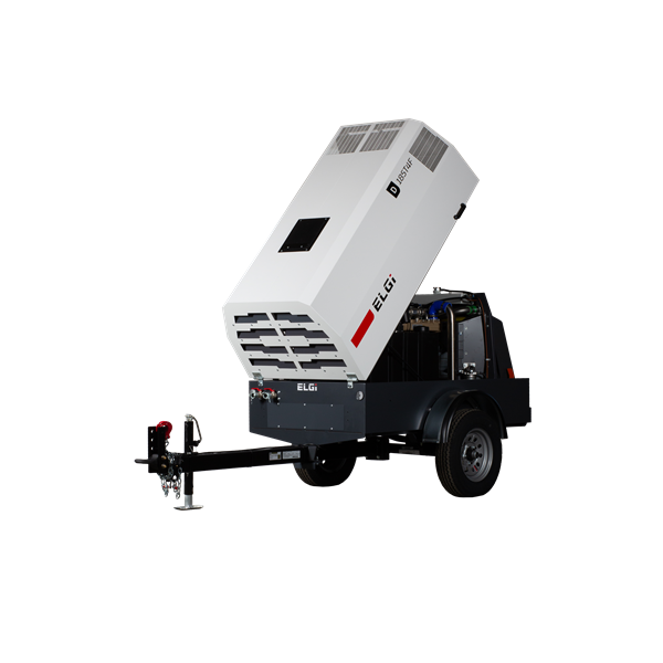 ELGi D Series tow-behind industrial air compressor with open housing for maintenance access, mounted on a trailer for mobile field use.