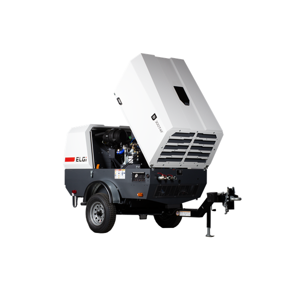 ELGi D Series tow-behind industrial air compressor with open housing for maintenance access, mounted on a trailer for mobile field use.