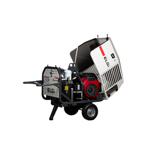 Elgi GP 75 portable air compressor with visible Honda GX390 engine, mounted on wheeled frame, white and red exterior, exposed internal components, ideal for mobile industrial applications.