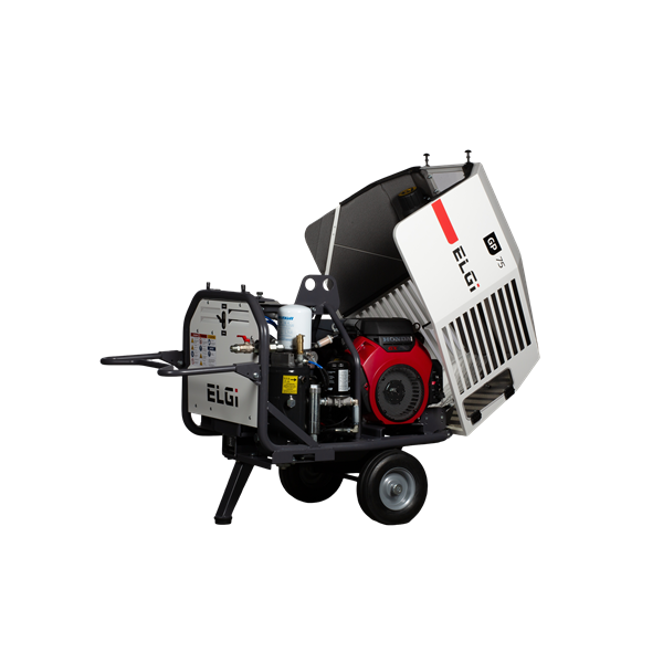 Elgi GP 75 portable air compressor with visible Honda GX390 engine, mounted on wheeled frame, white and red exterior, exposed internal components, ideal for mobile industrial applications.