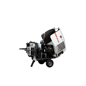 Elgi GP 35FP portable air compressor in white with black and red accents, mounted on wheeled frame, exposed engine at front, transport handle, ideal for mobile industrial and construction applications.