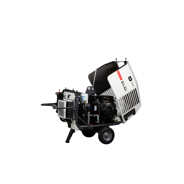 Elgi GP 35FP portable air compressor in white with black and red accents, mounted on wheeled frame, exposed engine at front, transport handle, ideal for mobile industrial and construction applications.