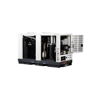 ELGi Portable Air Compressor model DS 185T4F with multiple panels open, revealing internal components including filters, pipes, and mechanical systems. Designed for industrial and construction use, showcasing service accessibility and robust engineering.