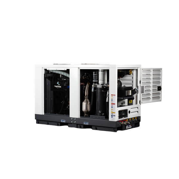 ELGi Portable Air Compressor model DS 185T4F with multiple panels open, revealing internal components including filters, pipes, and mechanical systems. Designed for industrial and construction use, showcasing service accessibility and robust engineering.