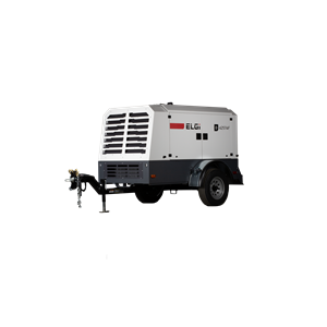 ELGi D Series tow-behind industrial air compressor with open side panel for maintenance access, mounted on a trailer for mobile field use.