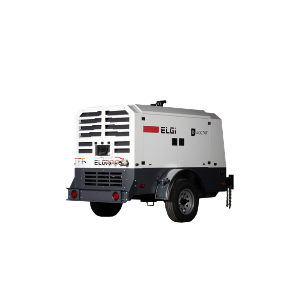ELGi D Series tow-behind industrial air compressor, rear view, mounted on a two-wheel trailer for mobile field use.
