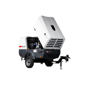 ELGi D Series tow-behind industrial air compressor with open housing for maintenance access, mounted on a trailer for mobile field use.