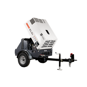 ELGi D Series tow-behind industrial air compressor with open housing for maintenance access, mounted on a trailer for mobile field use.